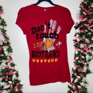Ejel Red Graphic Shirt Vneck Womens Tee XL Don’t touch my Boyfriend Short Sleeve